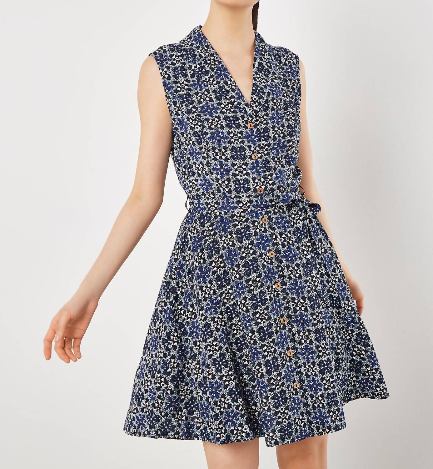 Apricot - Geo Open Collar Belted Mini Dress