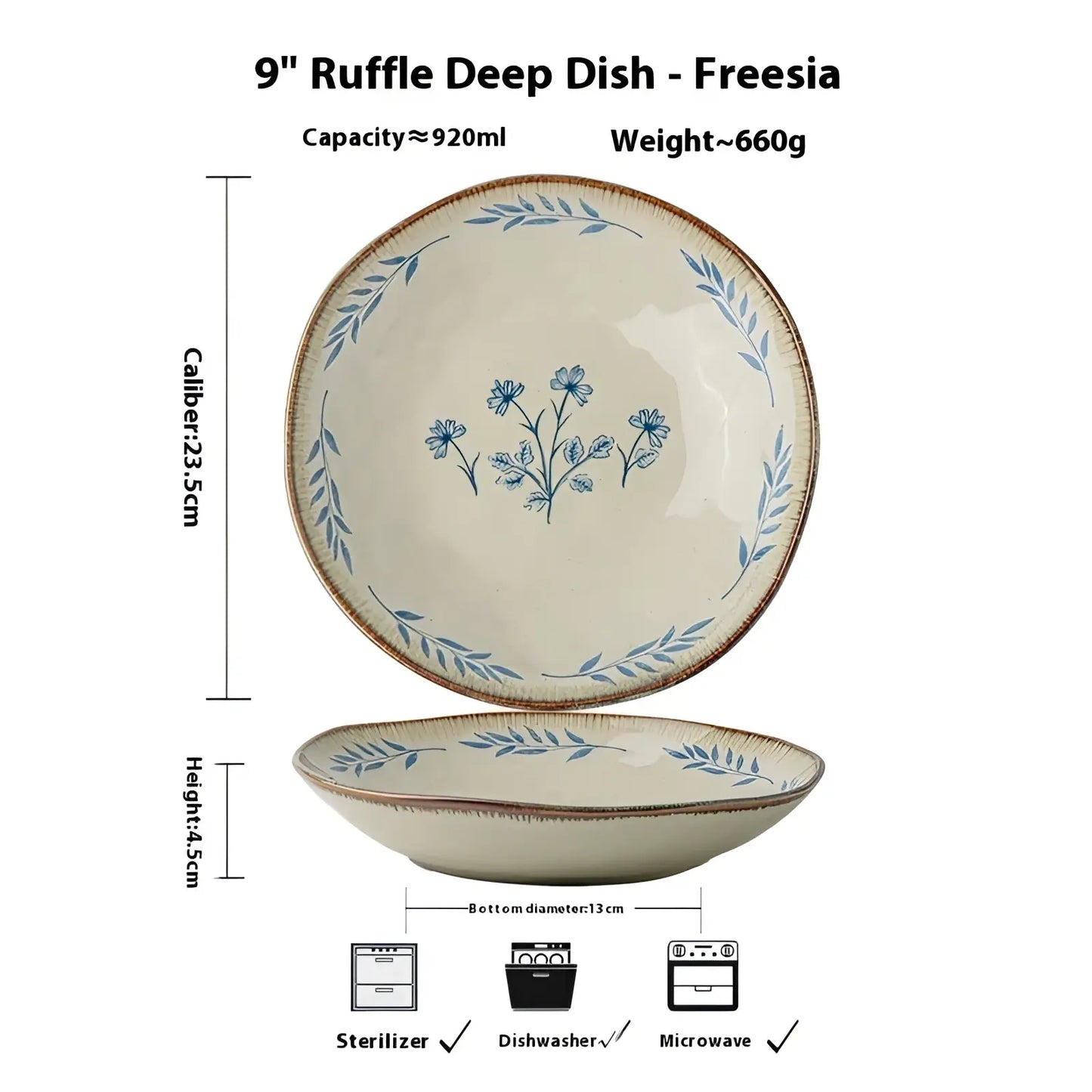 9-inch Ceramic Deep Plates with Blue Leaf Pattern
