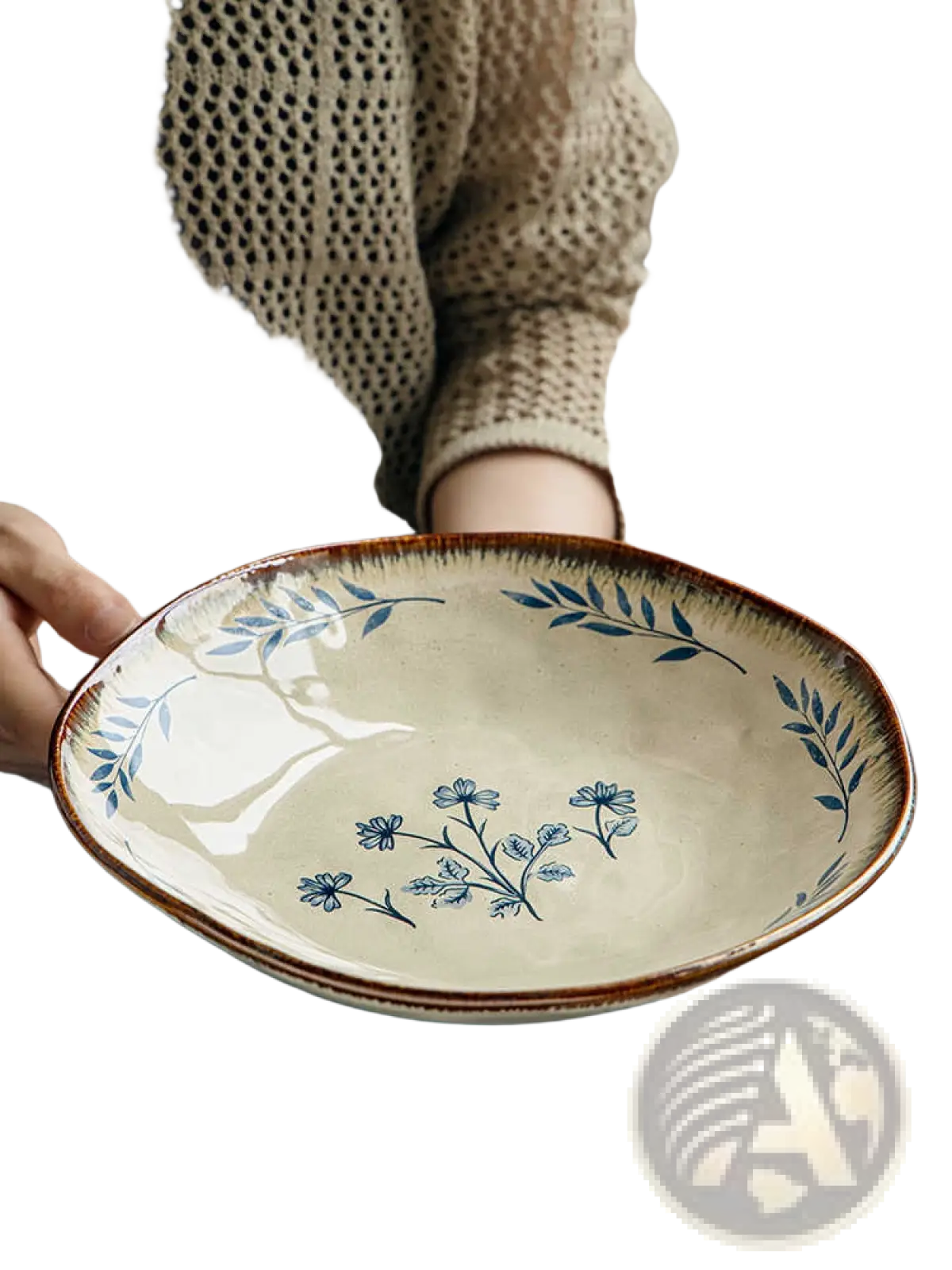 9-inch Ceramic Deep Plates with Blue Leaf Pattern