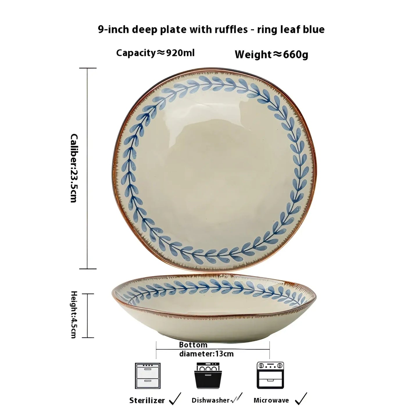 9-inch Ceramic Deep Plates with Blue Leaf Pattern