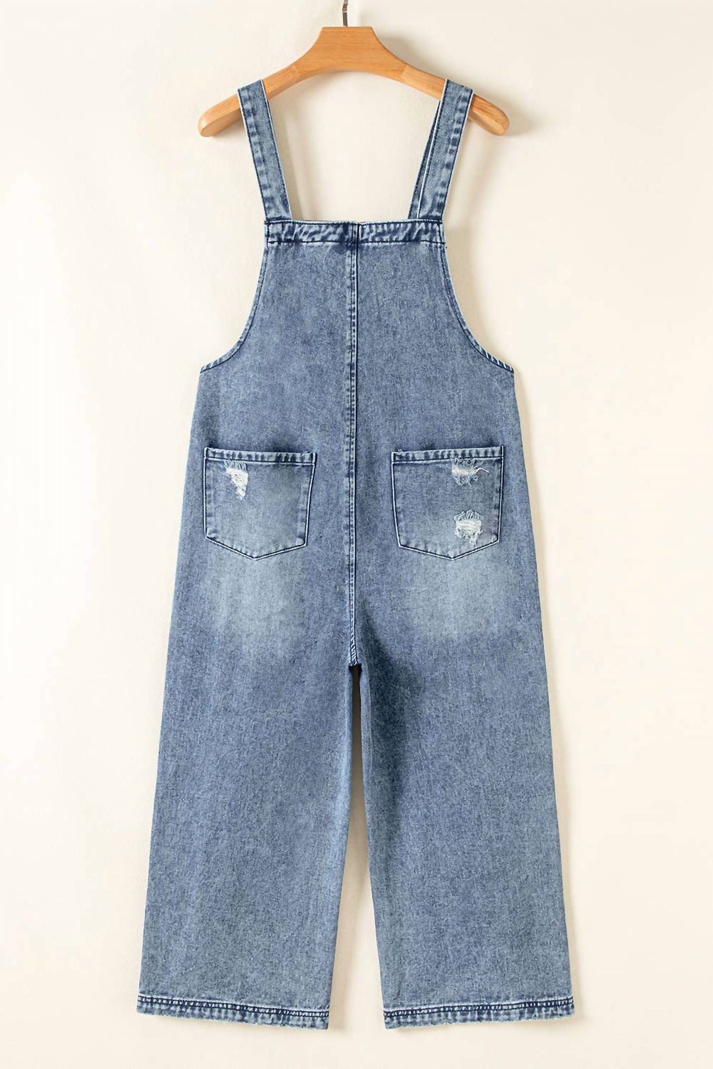 1 The Woman - Distressed Pocketed Wide Leg Capri Denim Overall