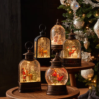 LED Snow Globe Lantern with Cardinal Bird Couple 8.25"H