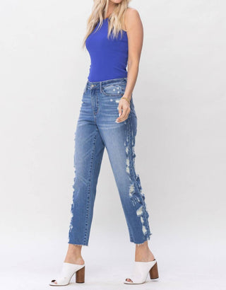 Judy Blue - Calça jeans cropped de cintura alta com costura lateral destruída