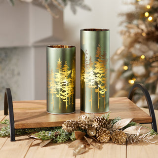 Frosted Pine Trees Glass Candle Holder (Set of 2)