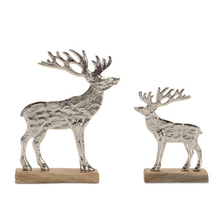 Metal Deer Silhouette with Wood Base (Set of 2, silver)