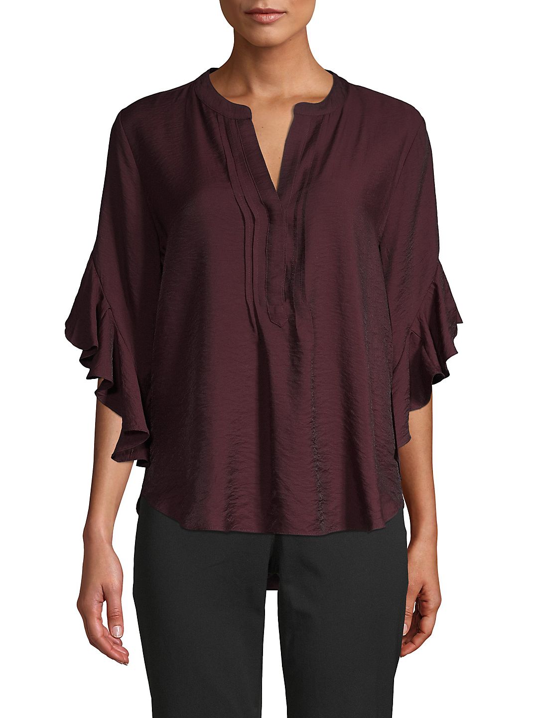 Blusa plissada com decote aberto e mangas curtas, marrom, tamanho P