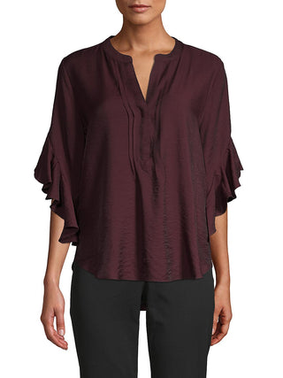 Blusa plissada com decote aberto e mangas curtas, marrom, tamanho P