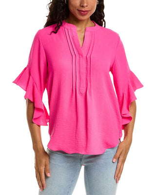 Blusa Vince Camuto com decote dividido e mangas com babados, rosa, tamanho XS