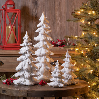 Flocked White Pine Tree with Carved Design (Set of 4)