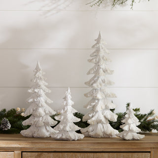 Flocked White Pine Tree with Carved Design (Set of 4)