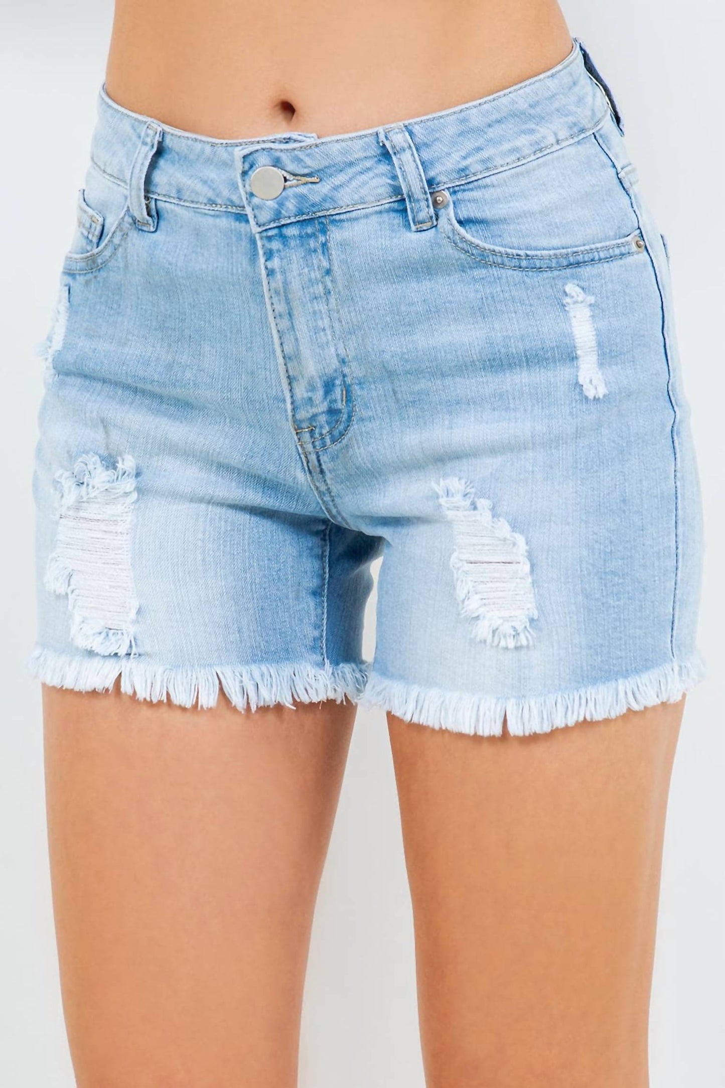 American Bazi - High Waist Distressed Frayed Denim Shorts