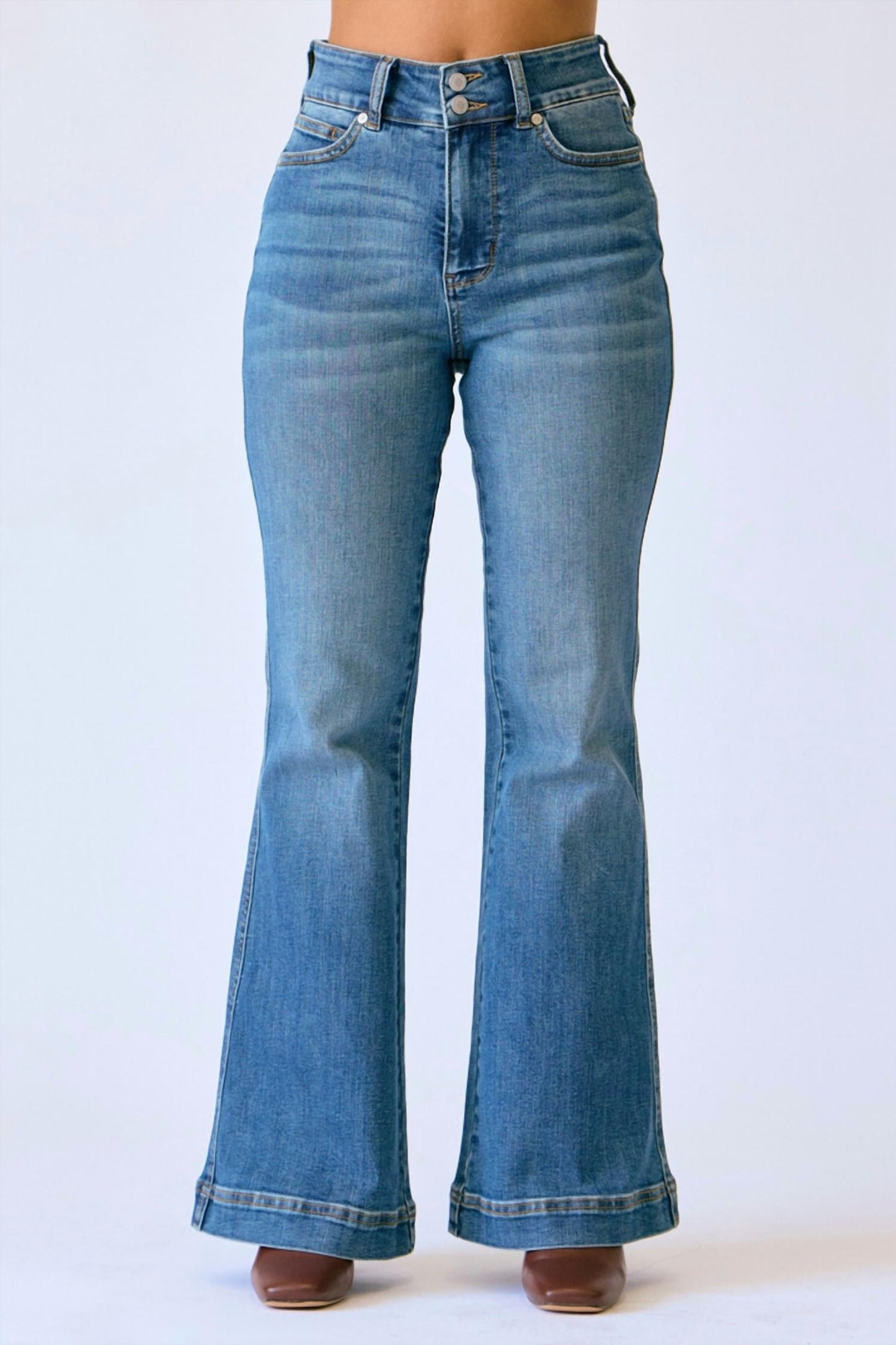 Judy Blue - Women's High Waist Petite Flare Tummy Control Double Button Jeans