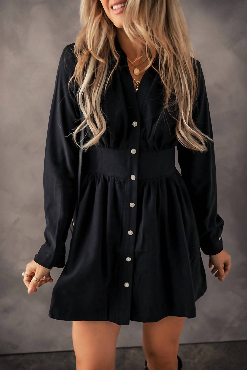 Little Daisy Closet - Elastic Cinched High Waist Long Sleeve Shirt Mini Dress