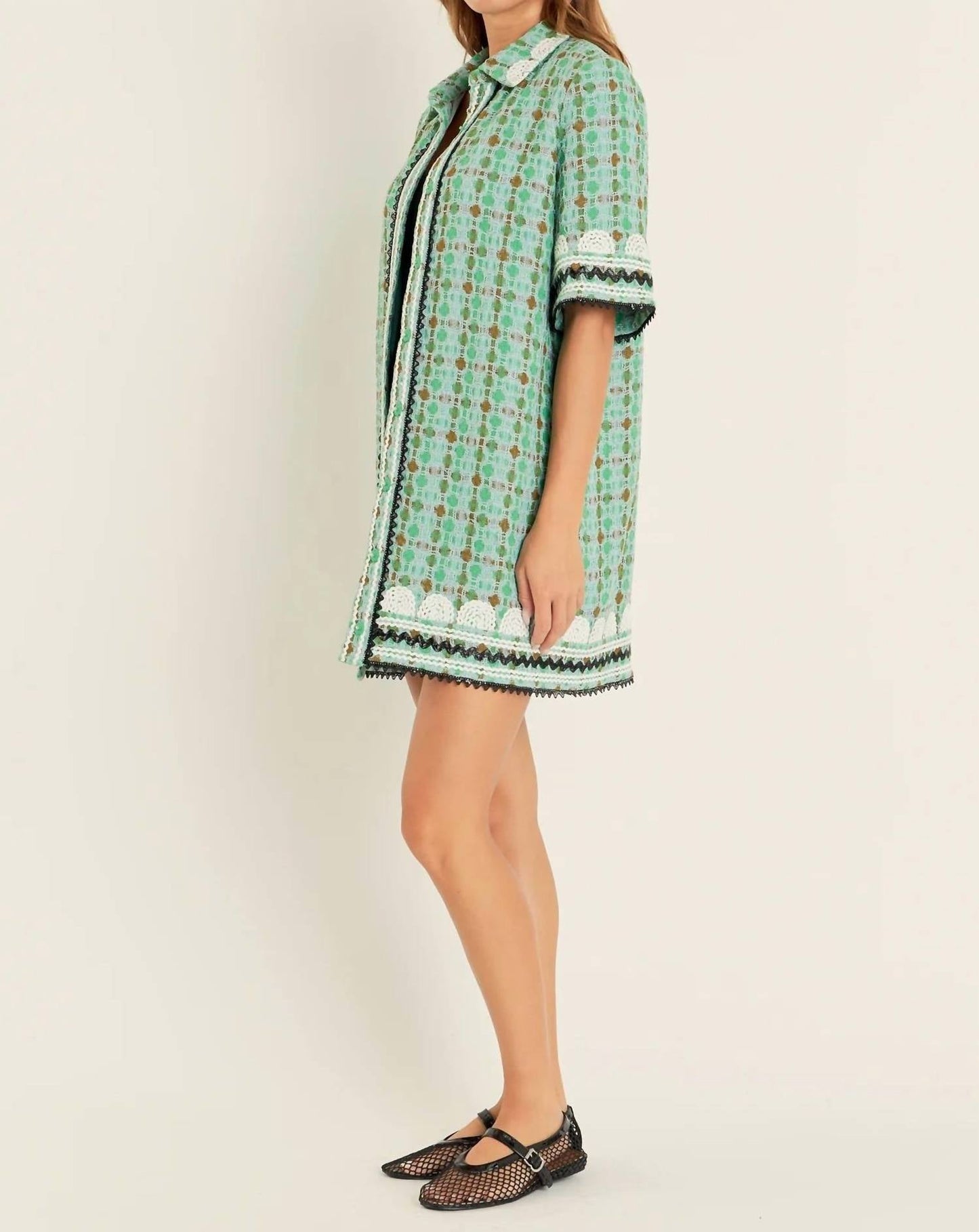 2.7 August Apparel - Boucle Mini Shirt Dress With Ric Rac Trim