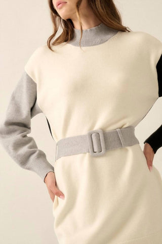 Promesa - Vestido curto de malha com cinto e bloco de cores