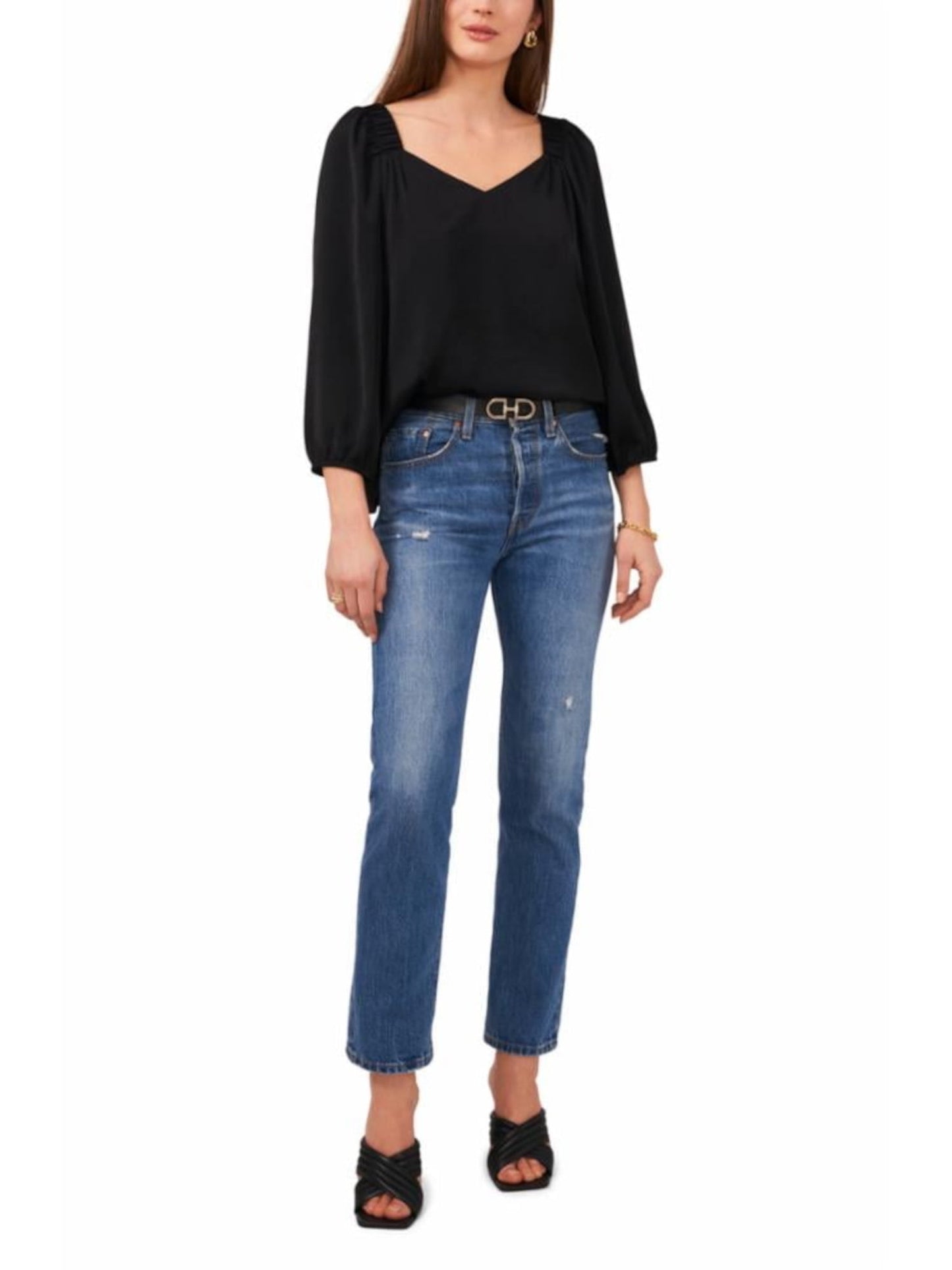 Blusa feminina Vince Camuto com babados e decote em V, preta, tamanho P