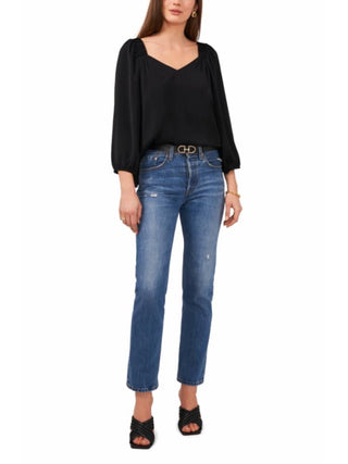 Blusa feminina Vince Camuto com babados e decote em V, preta, tamanho P