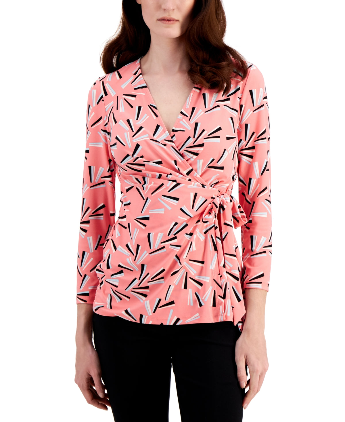 Blusa feminina Anne Klein com estampa de leque rosa tamanho 1X