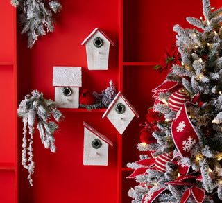 Flocked Wood Birdhouse with Wreath Accent (Set of 4)