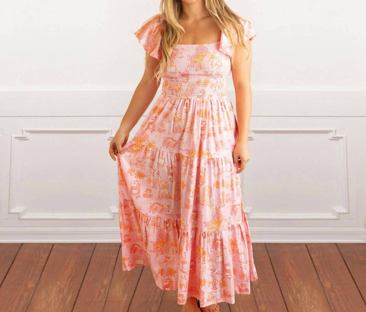 8 Oak Lane - Smocked Flutter Sleeve Maxi Dress
