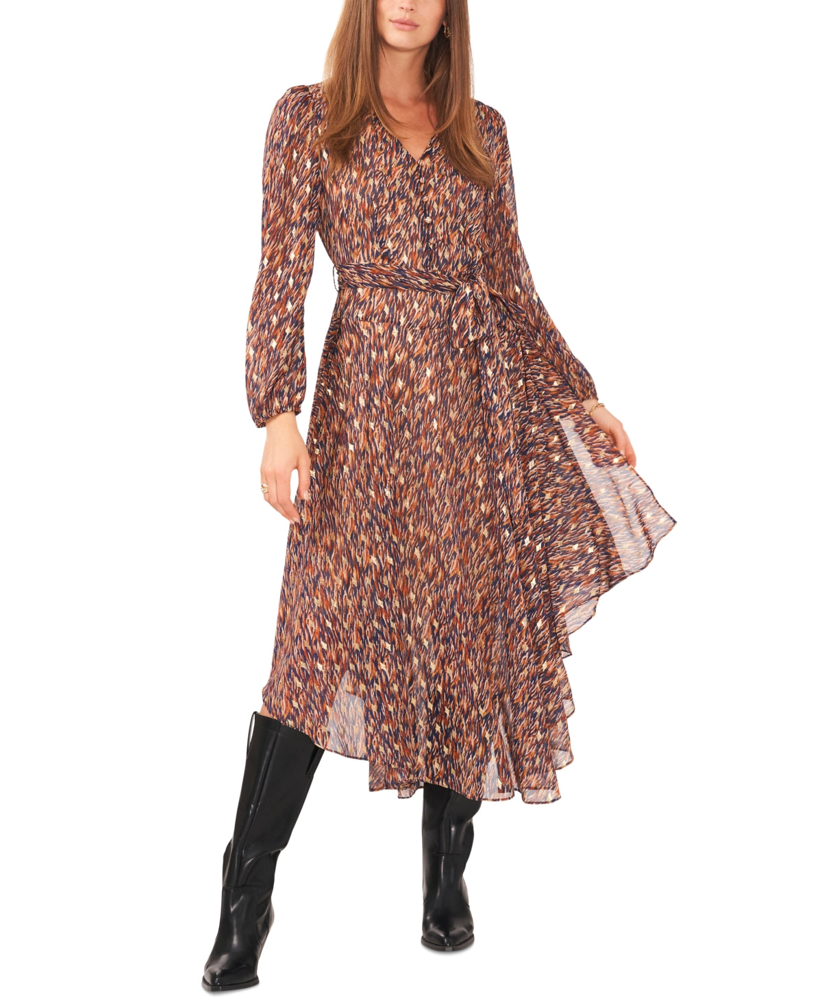 Vestido longo feminino Vince Camuto com cinto alto-baixo azul tamanho XXS