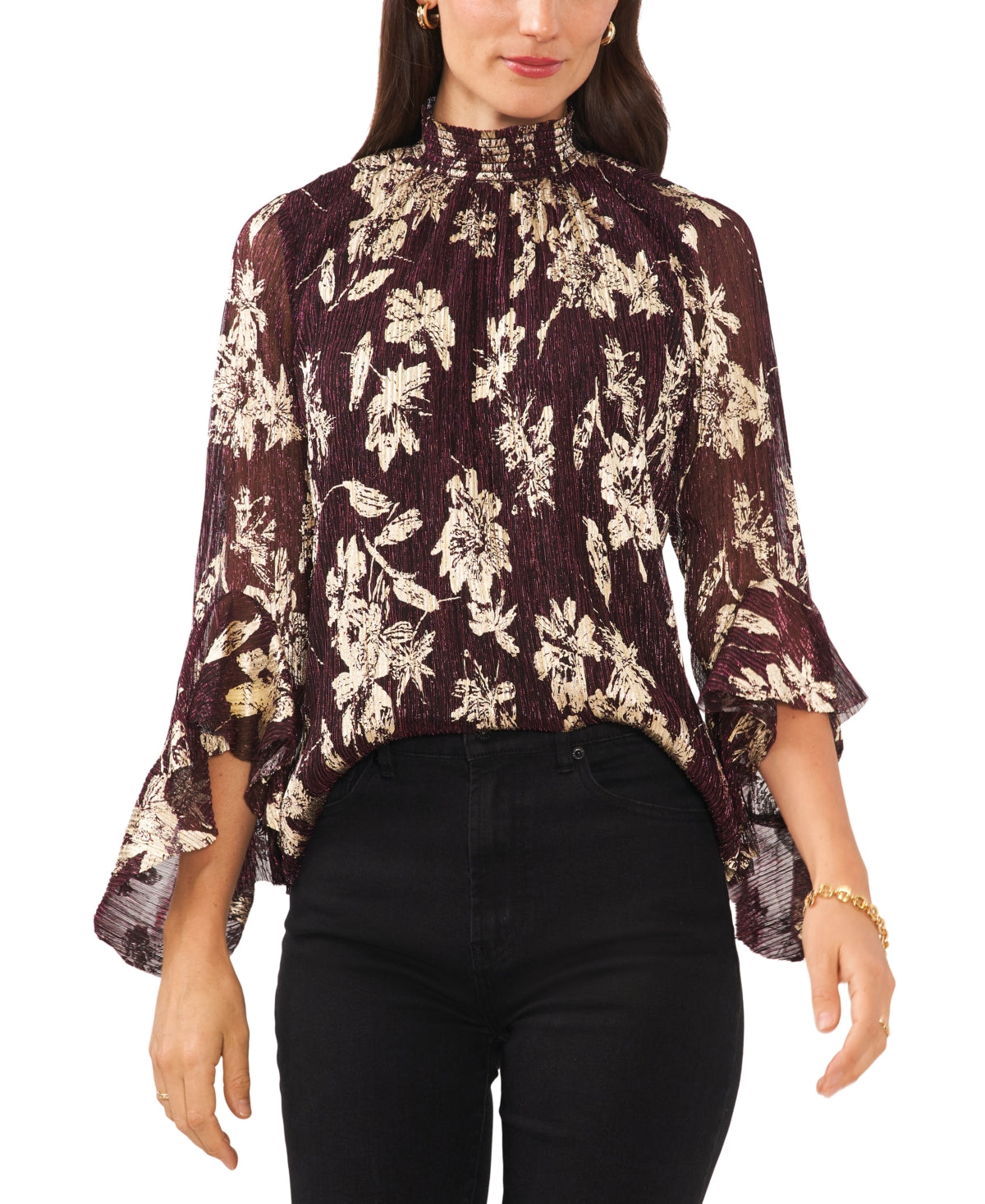 Blusa Vince Camuto Floral Manga Sino Gola Falsa Vinho Escuro Tamanho P
