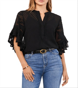 Vince Camuto Top com mangas franzidas e acabamento em pregas, preto, tamanho médio