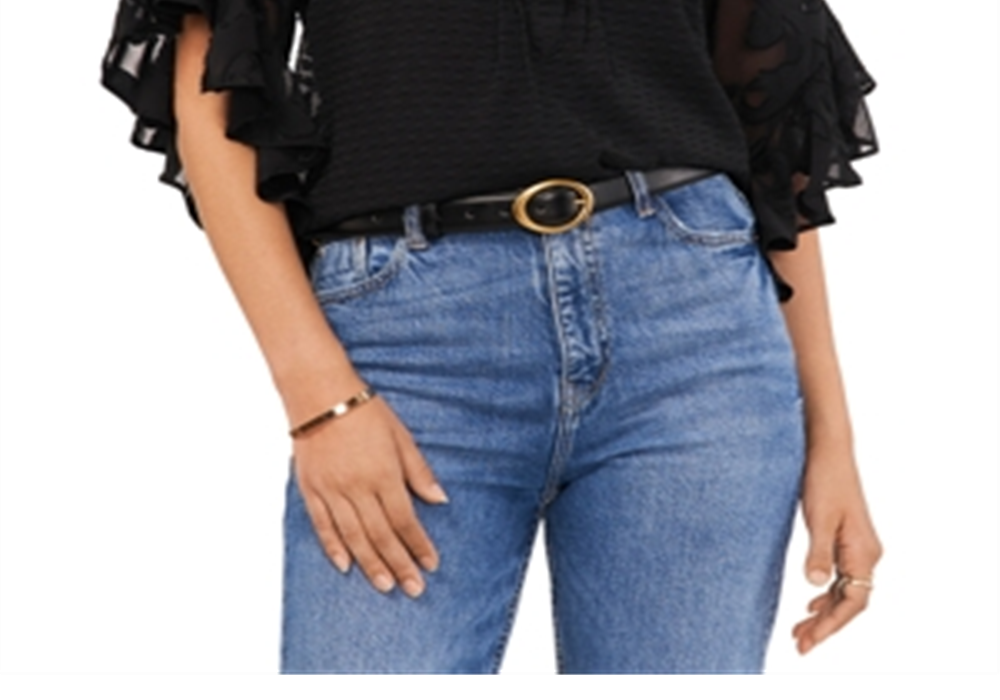 Vince Camuto Top com mangas franzidas e acabamento em pregas, preto, tamanho médio