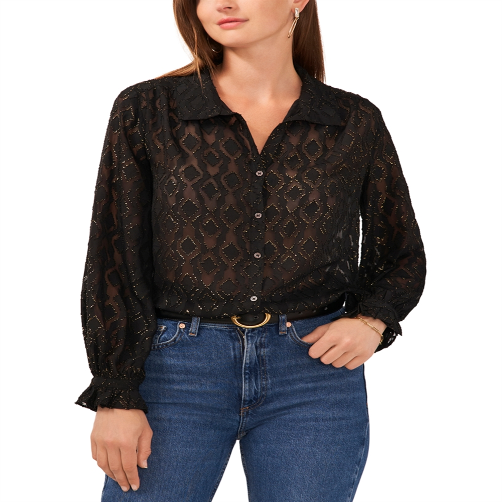 Blusa Vince Camuto Jacquard com botões frontais, preta, tamanho XS