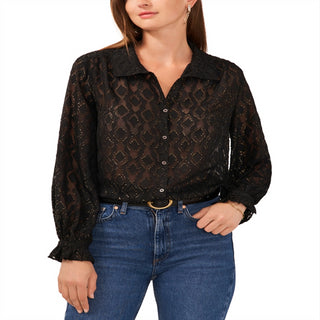 Blusa Vince Camuto Jacquard com botões frontais, preta, tamanho XS