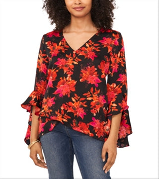 Blusa Vince Camuto com estampa decote em V e bainha em camadas, preta