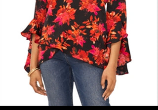 Blusa Vince Camuto com estampa decote em V e bainha em camadas, preta