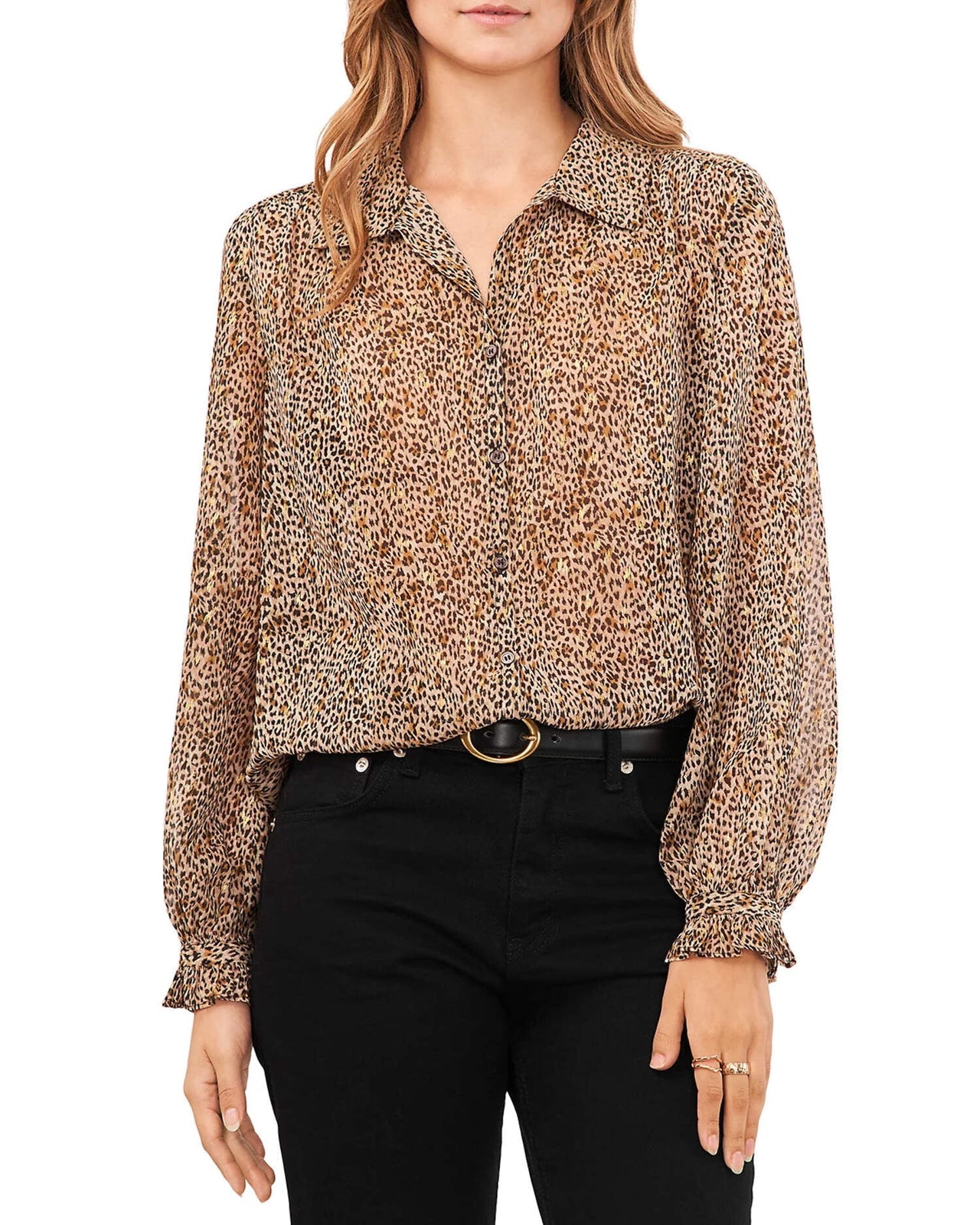 Blusa feminina Vince Camuto estampada com botões frontais e manga comprida, marrom, tamanho XS