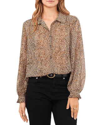 Blusa feminina Vince Camuto estampada com botões frontais e manga comprida, marrom, tamanho XS