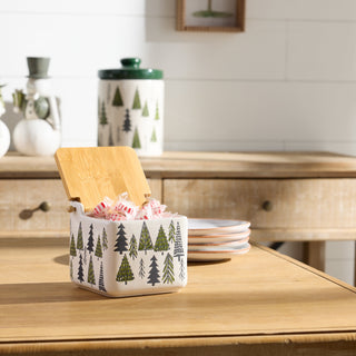 Ceramic Pine Tree Canister with Wood Lid 5.25"L