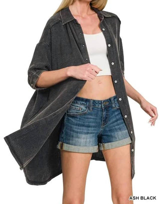 Trendsi - Vestido camisa Zenana lavado com botões de gaze dupla