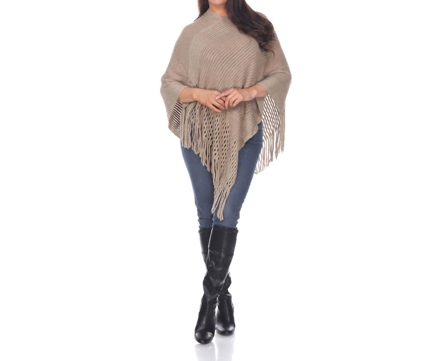 White Mark - Poncho Sansa de Malha com Franjas Douradas