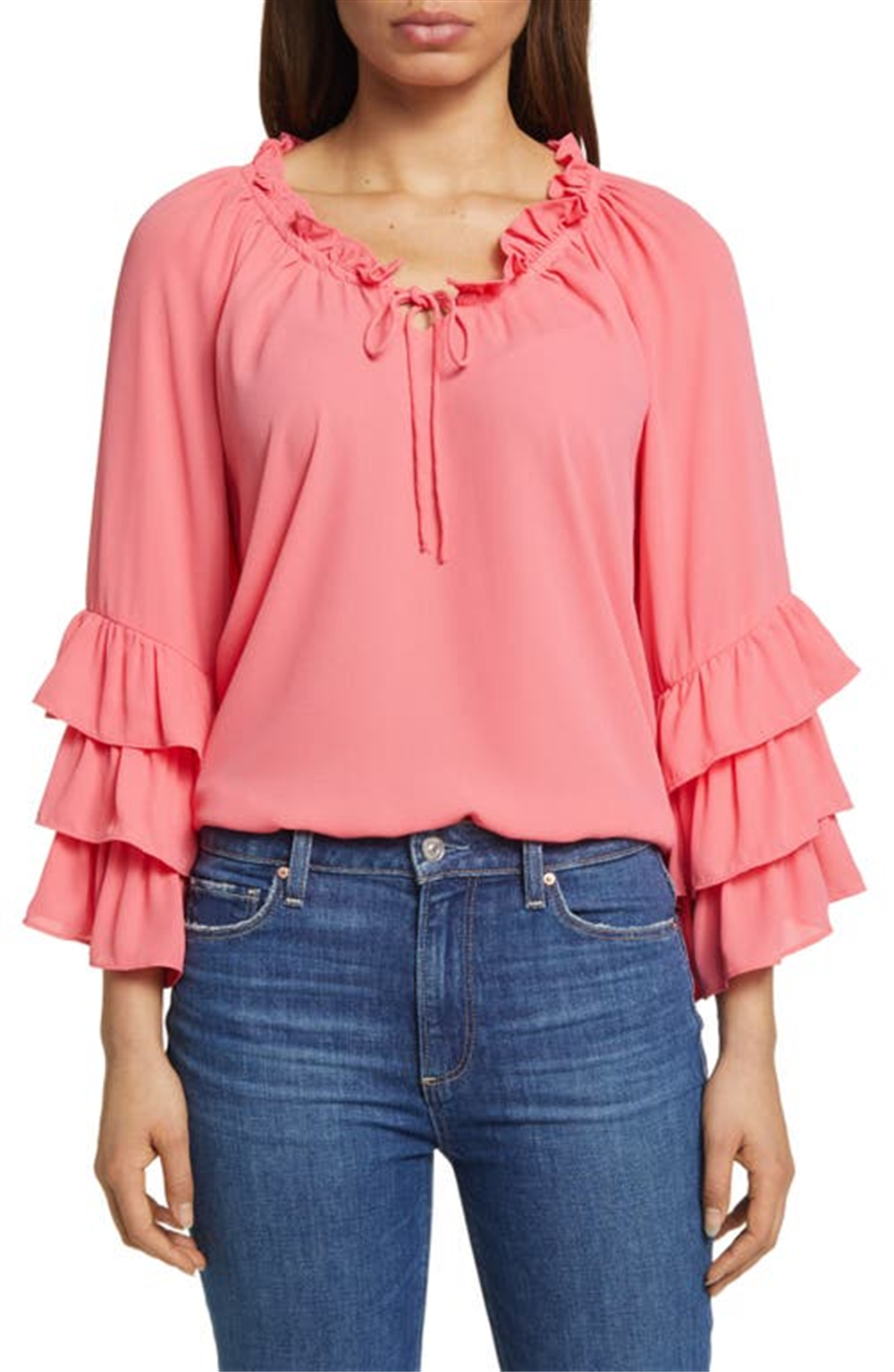 Blusa Vince Camuto Raglan franzida, gola dividida, mangas com babados, laranja radiante, tamanho XXS