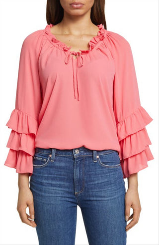 Blusa Vince Camuto Raglan franzida, gola dividida, mangas com babados, laranja radiante, tamanho XXS