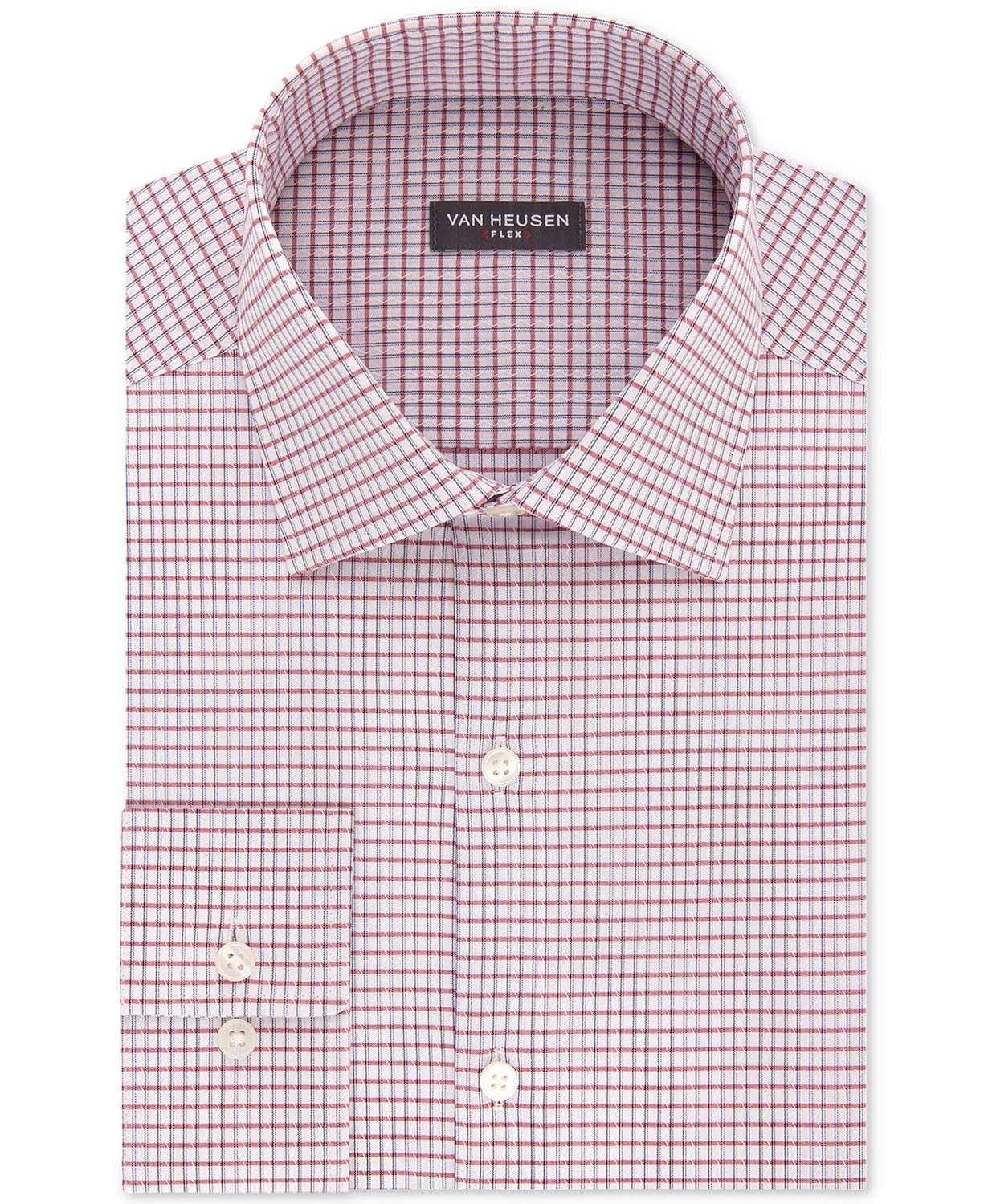 Camisa social masculina Van Heusen Classic/Regular Fit Performance Stretch, sem vincos, com gola flexível e xadrez, vermelha, tamanho 18-34-35