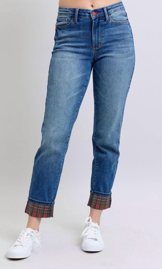 Judy Blue - Calça Jeans Boyfriend com Punho e Estampa Xadrez
