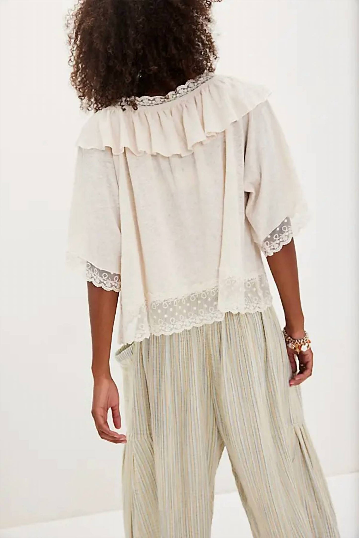 Free People - Lulu Knit Billowy Ruffle Lace Trim V-neck Top