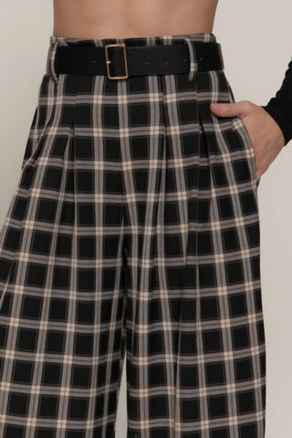 Active Basic - Belted Plaid Wide Long Pants