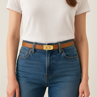 Women’s Skinny Leather Adjustable Belt with Turn-Lock Buckle for Dresses & Jeans