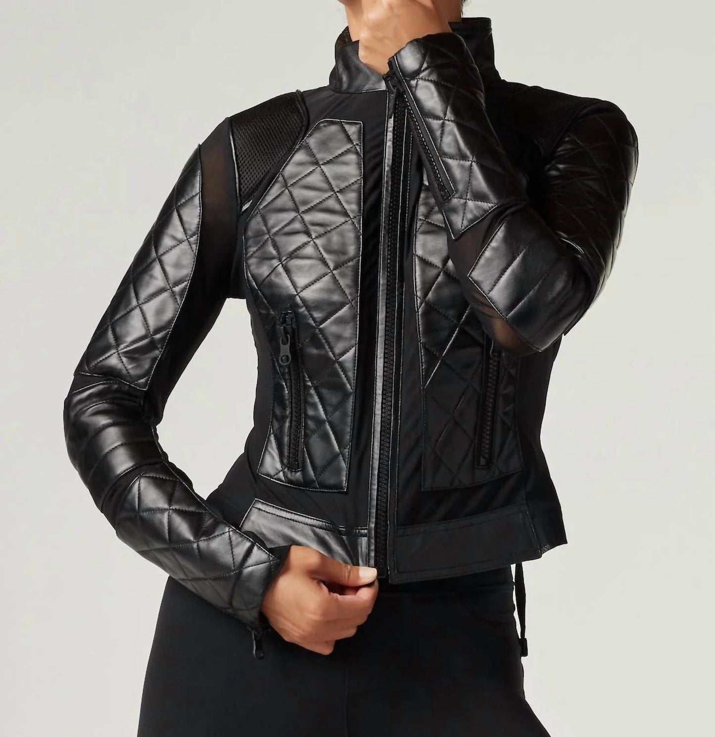 Blanc Noir - Classic Leather Mesh Moto Jacket With Diamond Quilting
