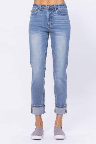 Judy Blue - Calça jeans vintage estilo boyfriend com cintura alta e bainha dobrada