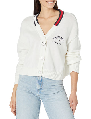 Tommy Hilfiger Cardigan Cropped Feminino Branco Brilhante Médio