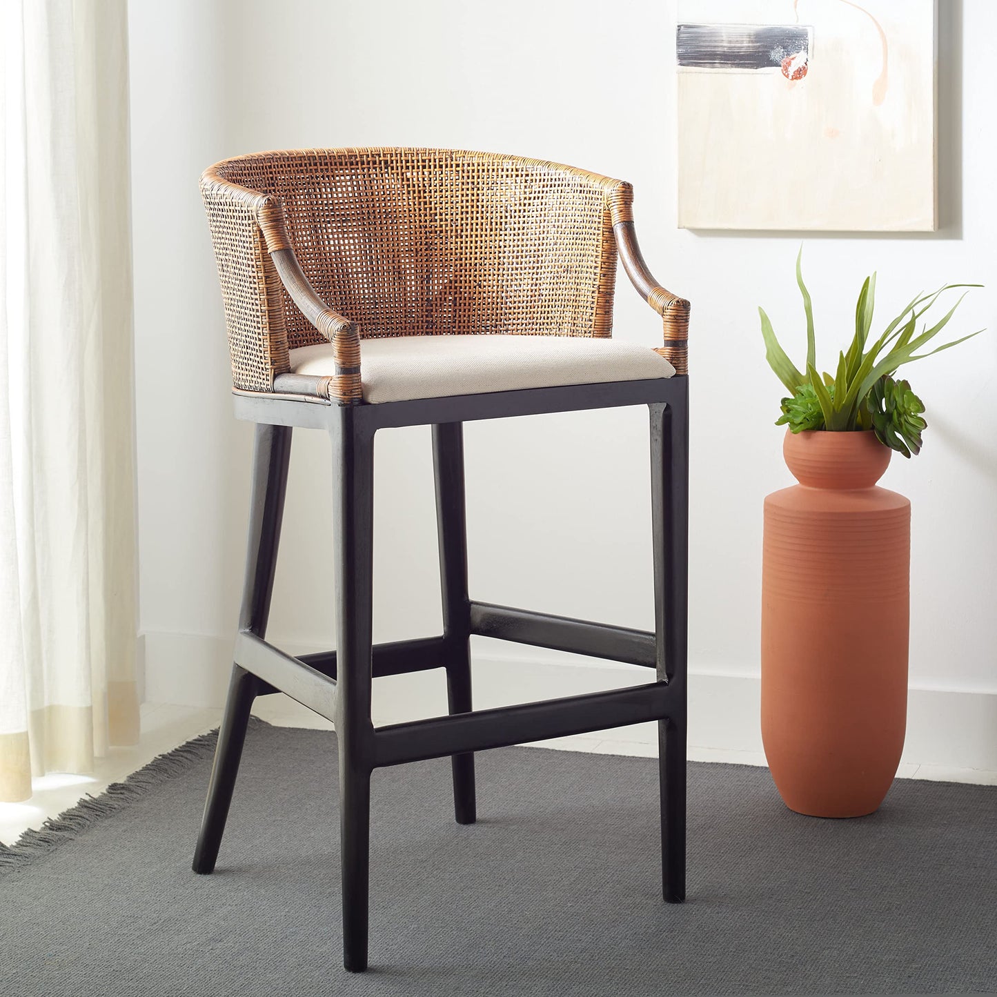 Safavieh Home Collection Brando Tropical Coastal Natural WashBlack LegsWhite Cushion Solid Wood 30inch Bar Stool Fully Assembled