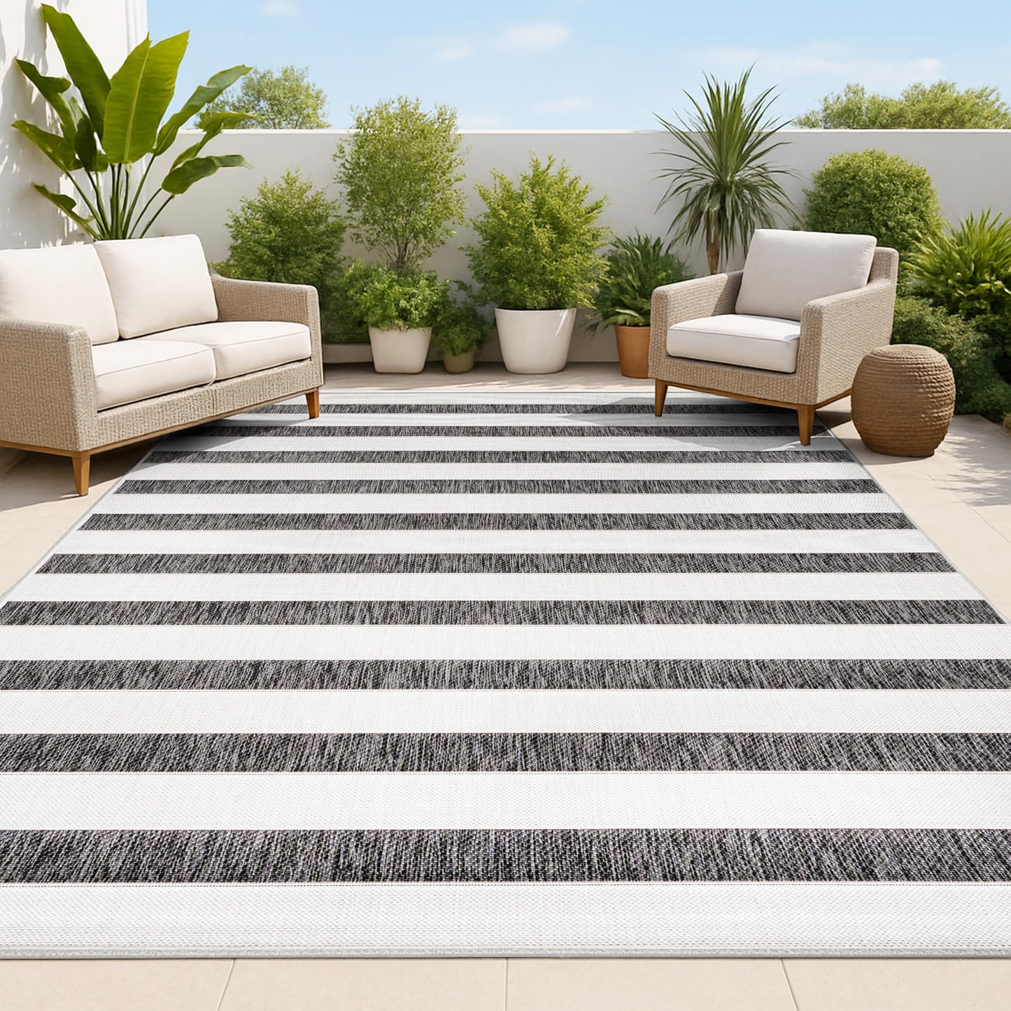 JONATHAN Y Wide Stripe Indoor Outdoor Area Rug 5X8 BlackCream Aveiro for Backyard Patio Porch EasyCleaning High Traffic PetFriendly NonShedding SMB112B5