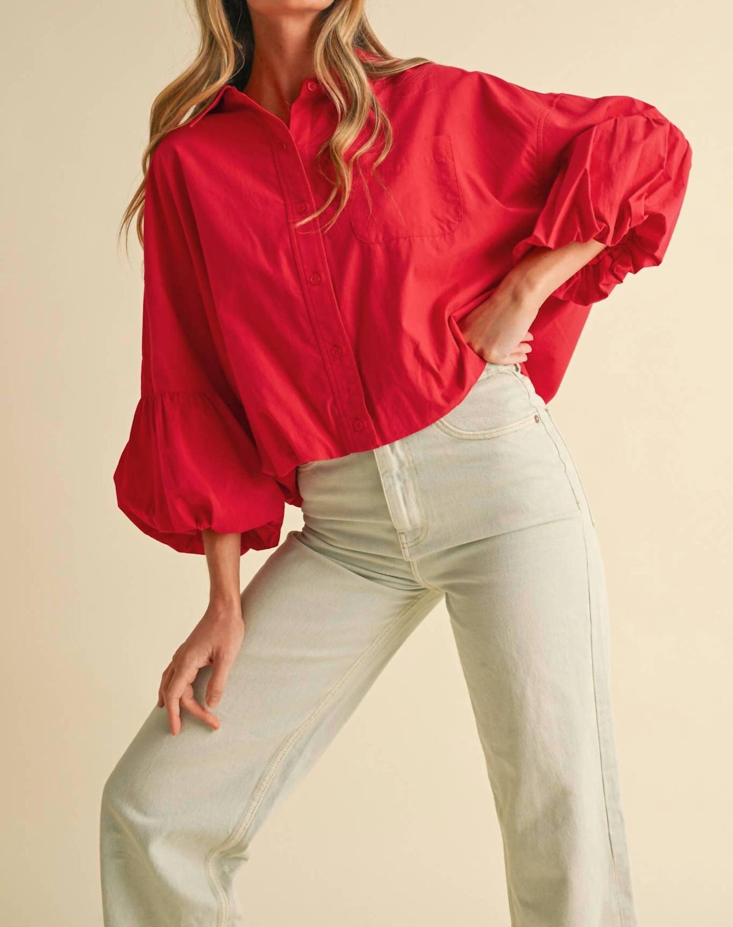 &Merci - Button Down Bubble Sleeve Top
